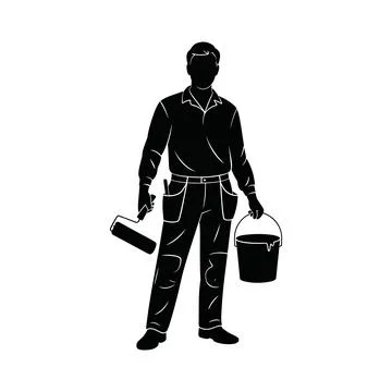Painter silhouette holding paint roller and bucket with paint ready for work Illustrazione stock