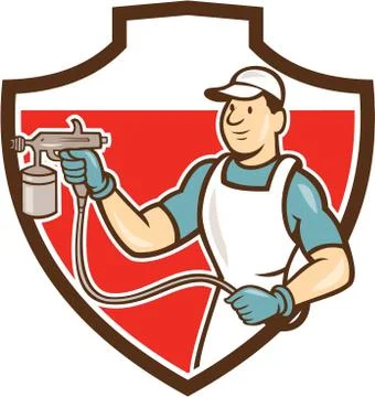 Painter spray gun spraying shield cartoon. Stock Illustration