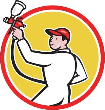 Painter spray paint gun side circle cartoon. Ilustração Stock