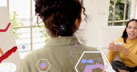 Painter stepping forward painting data lines with hex icons showing CO2 impact Stock Footage 316701852