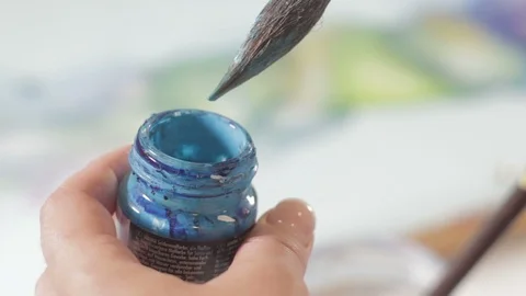 Painter Taking Blue Paint With A Brush Stock Footage 96638764