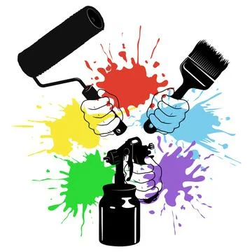 Painter tool and drops of colored paint symbol Ilustração Stock