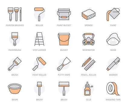 Painter tools flat line icons set. Home renovating equipment roller paintbrush Illustrazione stock