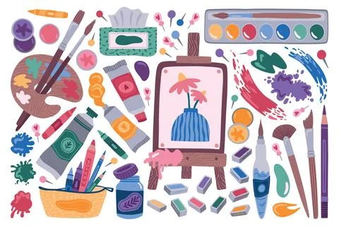 Painter tools. Paint art brush, craft doodle pencil and children draw, cute Stock Illustration