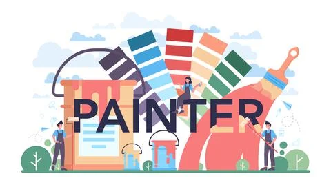 Painter typographic header. People in the uniform paint the wall Stock Illustration