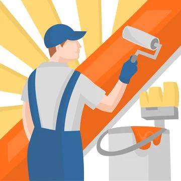 Painter in uniform with paint roller and orange paint bucket with brush Stock Illustration