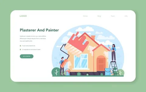 Painter web banner or landing page. People in the uniform paint the wall Ilustración de archivo