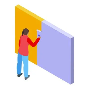 Painter woman using paint roller painting wall with yellow paint イラスト素材