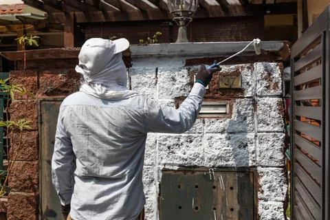 Painter worker adding undercoat foundation paint onto wall with roller at Stock Photos
