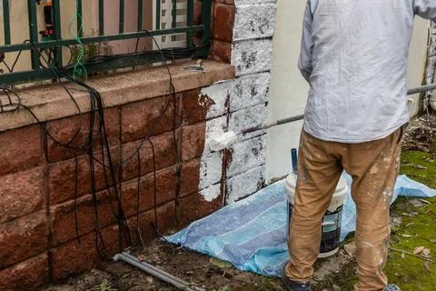 Painter worker adding undercoat foundation paint onto wall with roller at Foto stock