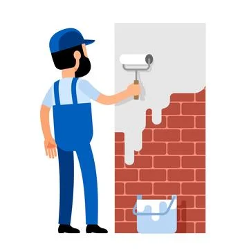 Painter worker paints a brick wall Stock Illustration