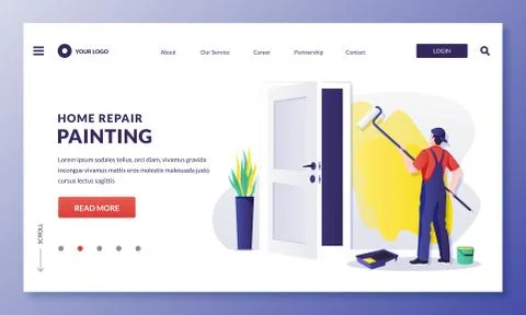 Painter worker paints wall with yellow paint. Handyman makes house repair wor Stock Illustration