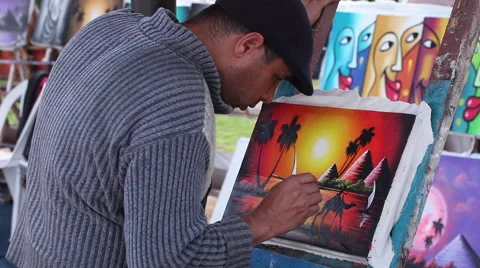 A painter working on a picture, Egypt Stock Footage 40553912