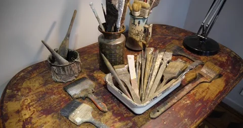 Painter working table in the workshop Stock Footage 234282909