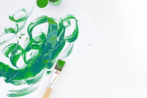 Painter workplace. flat lay image of watercolor tools. Stock Photos