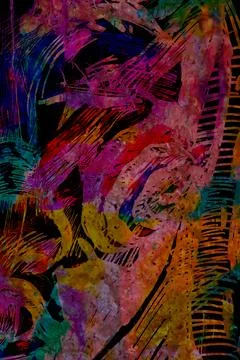 A painterly explosion of reds, oranges, purples, and greens forming a chaotic Stock Photos