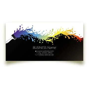 Painters brush and spreading drops of colored paint, business card concept .. Stock Illustration