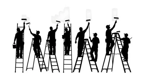Painters with Rollers and Ladders Silhouette Pack Stock Illustration