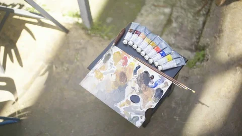 Painters tools, brushes and colors. Stock Footage 129024689