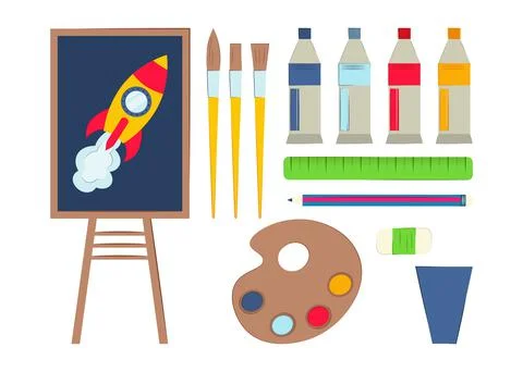 Monochrome icon set, drawing tools, wooden easel with paints and