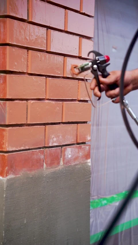 Painting a brick wall using a spray gun Stock Footage 318987917