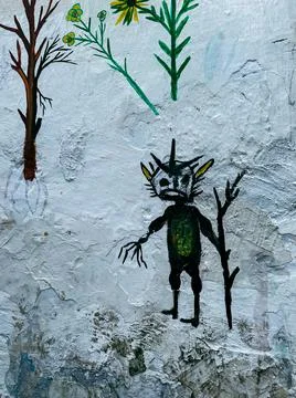 Painting of a Devil with 2 small trees on a wall Foto stock