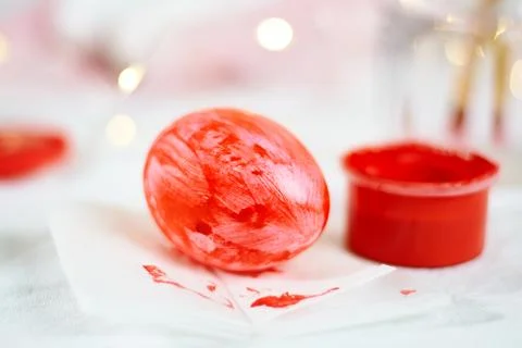 Painting easter eggs with paint bright spring holiday activity concept Stock Photos