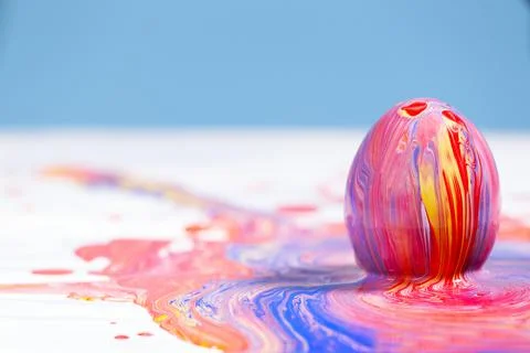Painting Easter eggs, Preparation for spring holiday, Liquid marble texture, Stock Photos