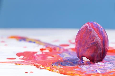 Painting Easter eggs, Preparation for spring holiday, Liquid marble texture, Stock Photos