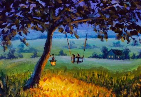 Painting Evening rustic landscape, a lantern hanging on a tree, a guy with a Illustrazione stock