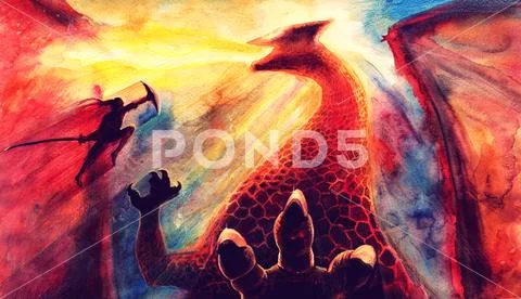 Painting fantasy watercolor landscape with dragon and japanese samurai battle Stock Illustration
