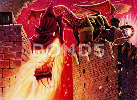 Painting fantasy watercolor landscape with fire breathing dragon on castle Stock Illustration