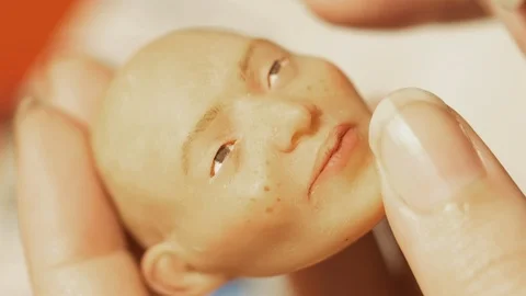 Painting a hand made puppet head by hand Stockbeeldmateriaal 89910210