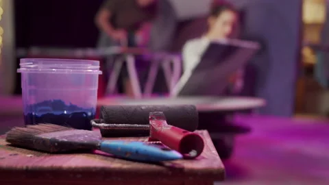 Painting instruments are lying on a stool Stock Footage 155557215