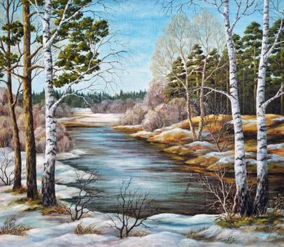 Painting, Landscape, Spring River Stock Illustration