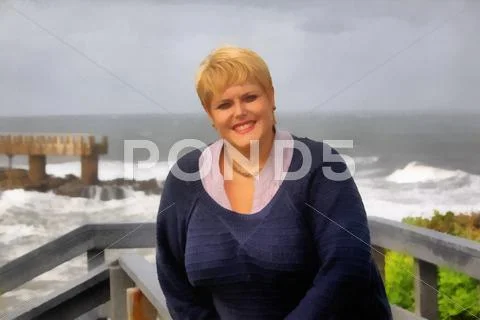 Painting lovely mid aged woman at cloudy seaside Stock Illustration