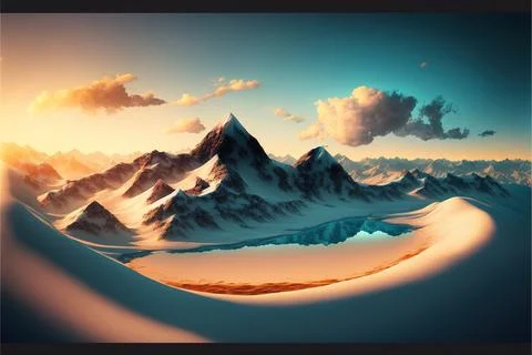 A Painting Of A Mountain Range With A Sunset In The Background And Clouds In The Stock Illustration