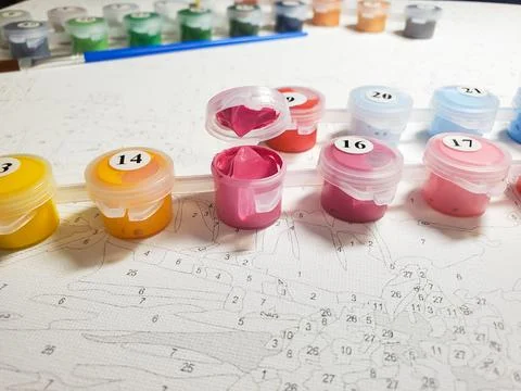 Painting by numbers. Set for creativity, drawing numbers on canvas when you can Stock Photos