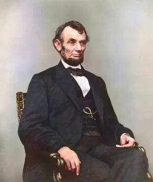 Painting of President Abraham Lincoln sitting in chair. Stock Photos