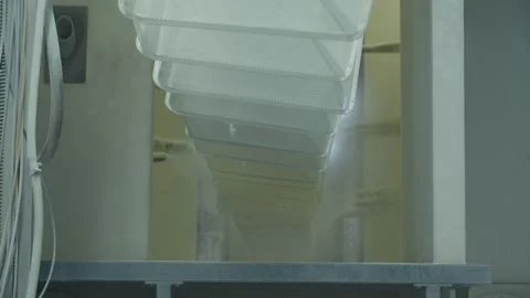 Painting process of wired mesh cages moving on the track in the factory Stock Footage 153468799