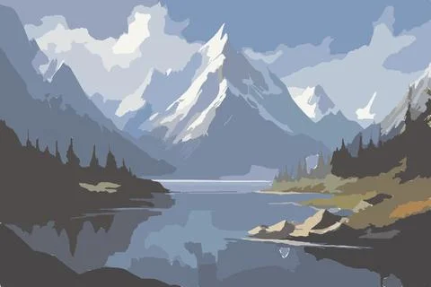 A painting of a river with mountain 库存插图