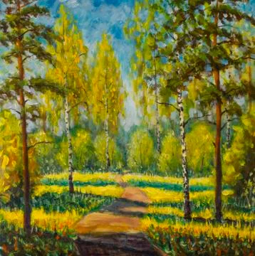 Painting spring trees spring in forest, shadows on road landscape impressionism Illustrazione stock
