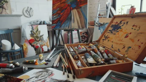 Painting Supplies on Table in Art Studio 動画素材 150486881