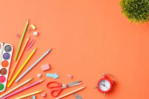 Painting tools concept of a creative work table. Stock Photos