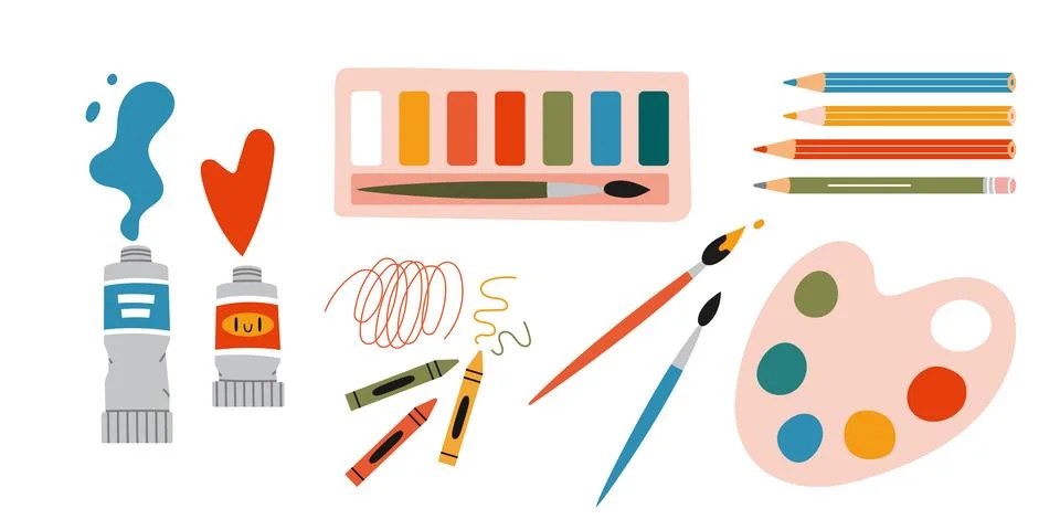 Painting tools elements vector set, cartoon style. Art supplies: paint tube.. Stock Illustration