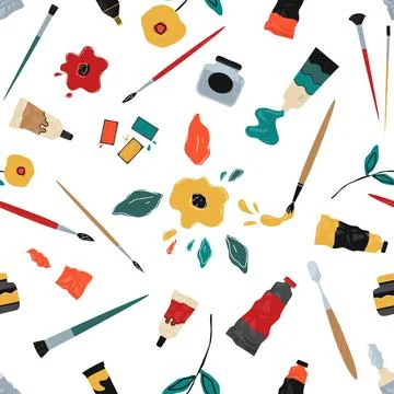 Painting tools pattern. Art craft seamless texture with paint or brushes Illustrazione stock