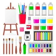 Collection of artist supplies. Set of different art tools paint