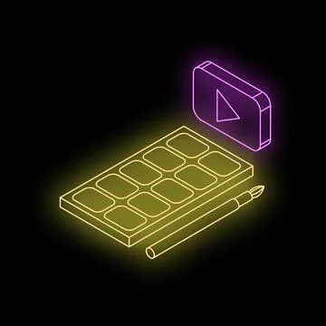 Painting tutorial video isometric neon style illustration with paintbrush a.. Stock Illustration