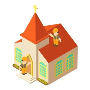 Painting work icon isometric vector. Christian church building and two worker Ilustración de archivo