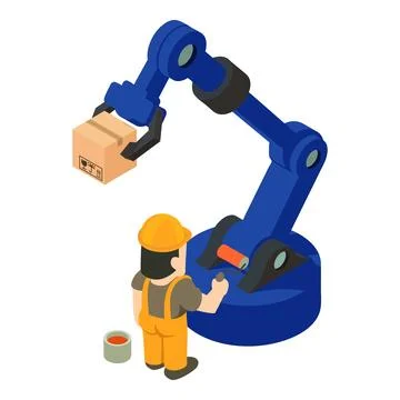 Painting work icon isometric vector. Man with paint roller warehouse manipulator Stock Illustration